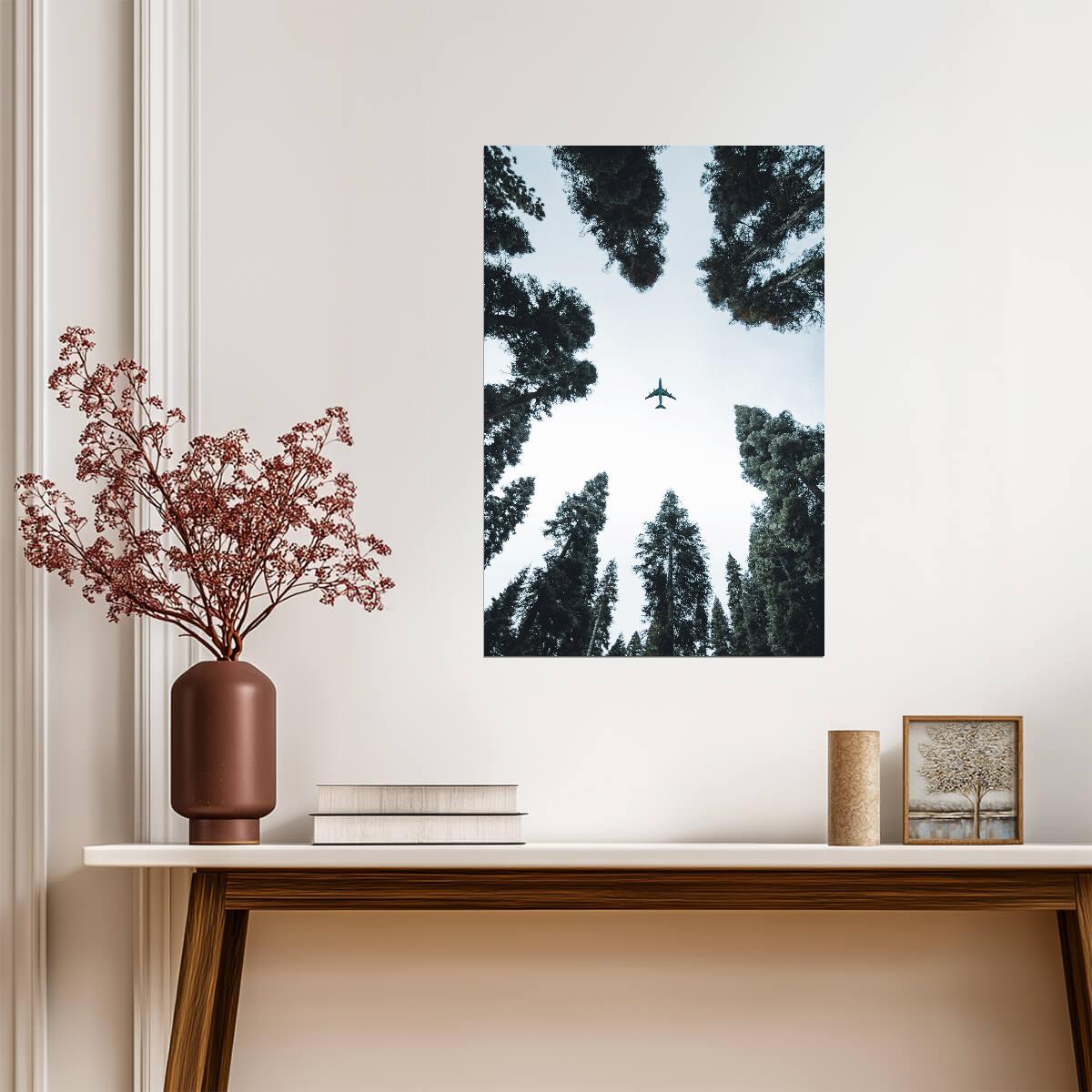 Airplane Flying Over Forest | Looking Up Perspective Poster | Aviation & Nature Photography - Cars Poster