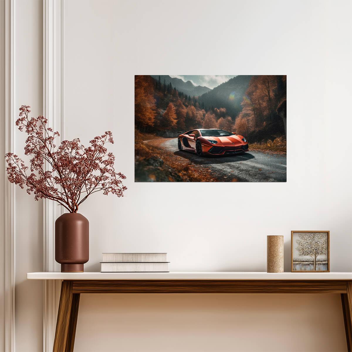 Lamborghini Aventador | Orange Supercar Art Print | Autumn Mountain Road Poster - Cars Poster
