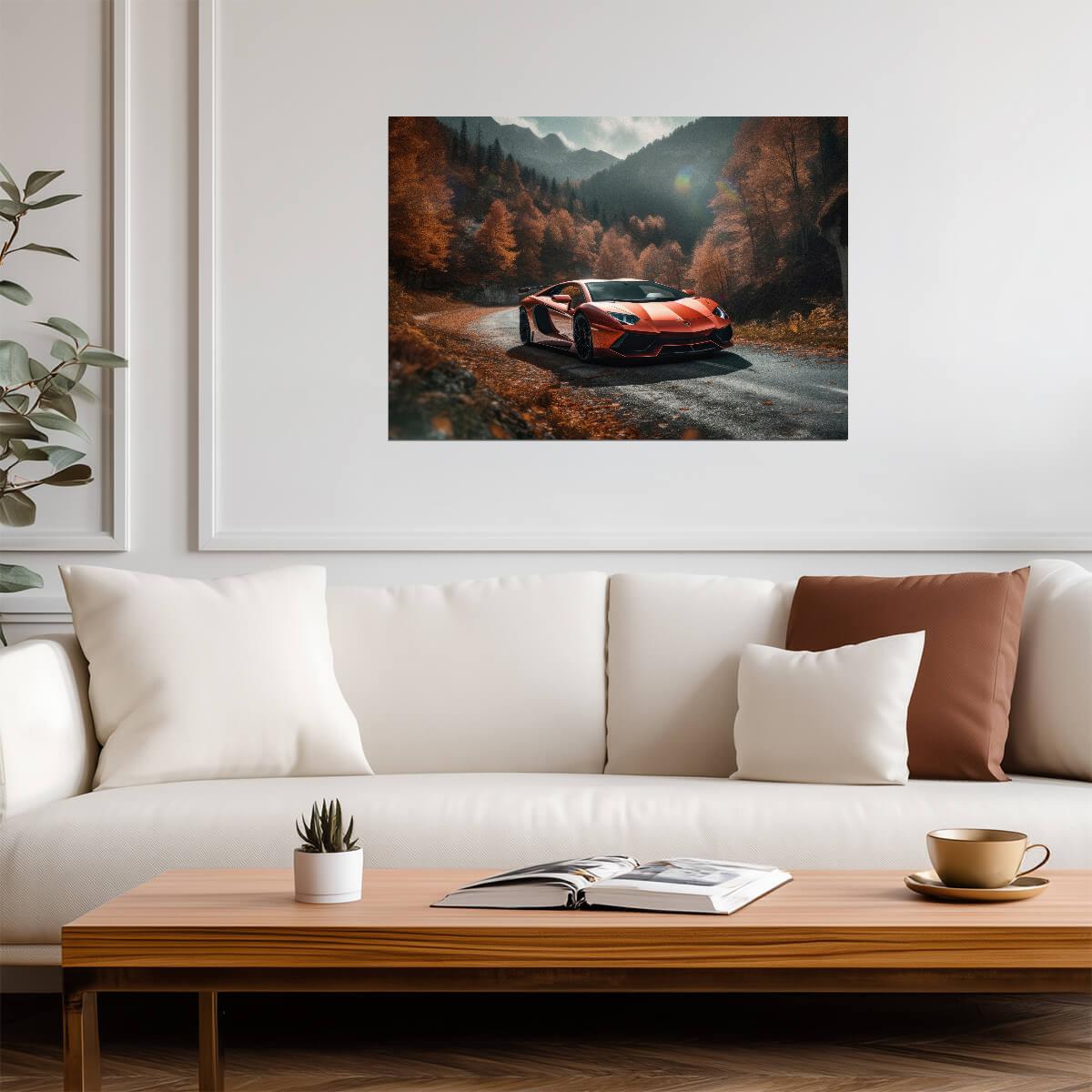 Lamborghini Aventador | Orange Supercar Art Print | Autumn Mountain Road Poster - Cars Poster