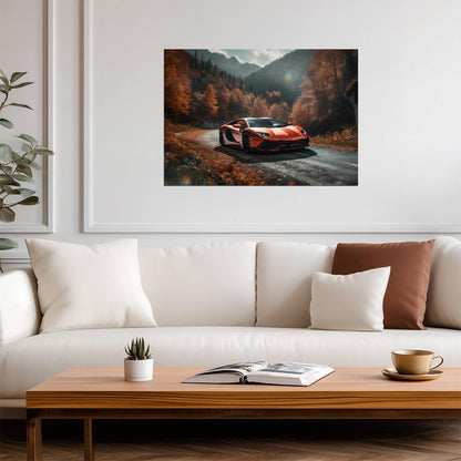 Lamborghini Aventador | Orange Supercar Art Print | Autumn Mountain Road Poster - Cars Poster