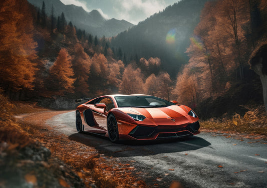 Lamborghini Aventador | Orange Supercar Art Print | Autumn Mountain Road Poster - Cars Poster