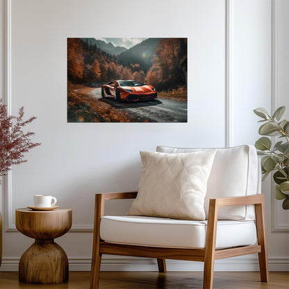 Lamborghini Aventador | Orange Supercar Art Print | Autumn Mountain Road Poster - Cars Poster
