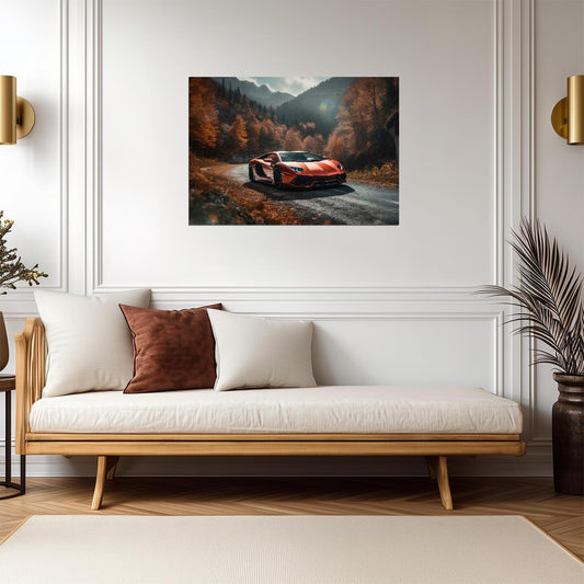 Lamborghini Aventador | Orange Supercar Art Print | Autumn Mountain Road Poster - Cars Poster