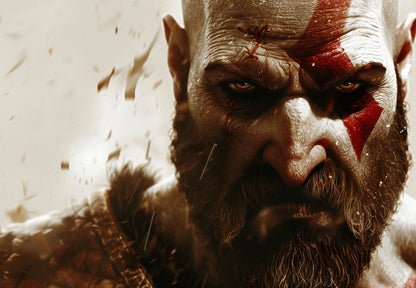 God of War Kratos Intense Close-Up | Norse Mythology Game Poster | Spartan Warrior Portrait - Video Games Poster