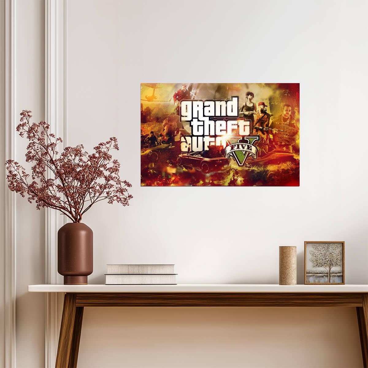 Grand Theft Auto V Fiery Collage | Game Logo & Characters Poster | Open World Gamer Gift - Video Games Poster