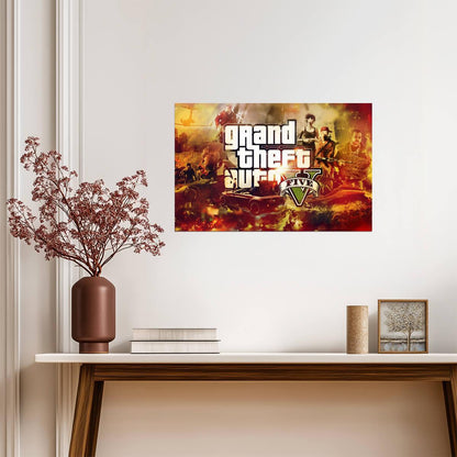 Grand Theft Auto V Fiery Collage | Game Logo & Characters Poster | Open World Gamer Gift - Video Games Poster