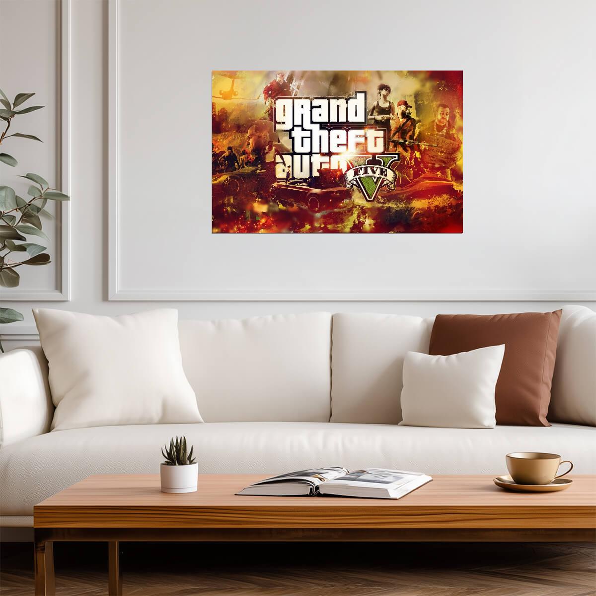 Grand Theft Auto V Fiery Collage | Game Logo & Characters Poster | Open World Gamer Gift - Video Games Poster