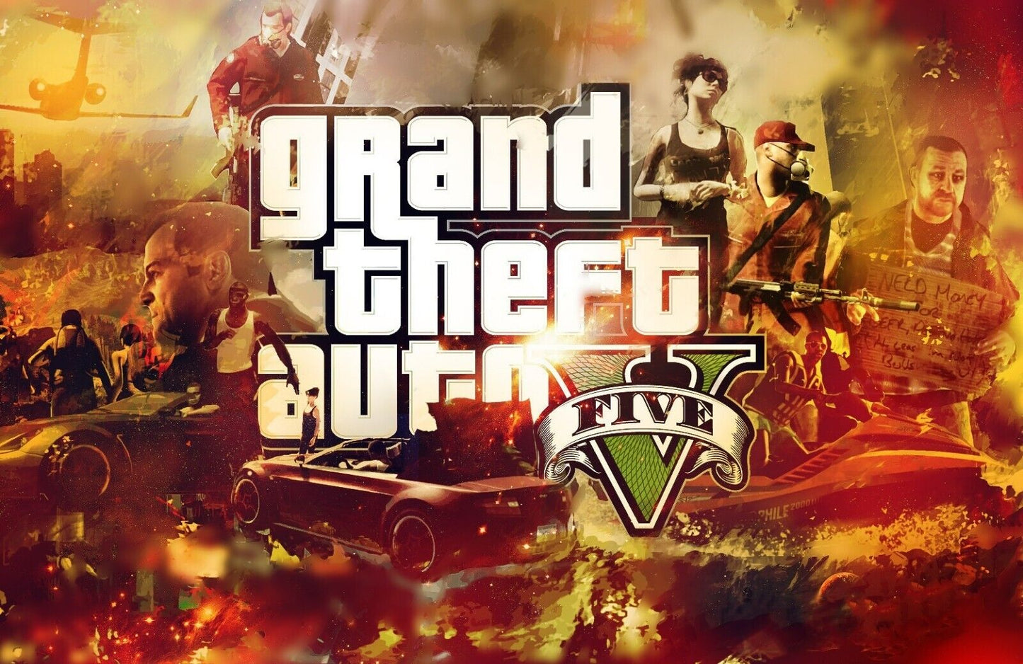 Grand Theft Auto V Fiery Collage | Game Logo & Characters Poster | Open World Gamer Gift - Video Games Poster