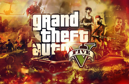 Grand Theft Auto V Fiery Collage | Game Logo & Characters Poster | Open World Gamer Gift - Video Games Poster