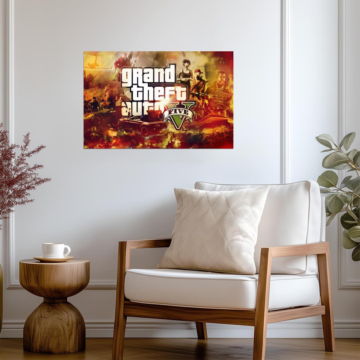 Grand Theft Auto V Fiery Collage | Game Logo & Characters Poster | Open World Gamer Gift - Video Games Poster