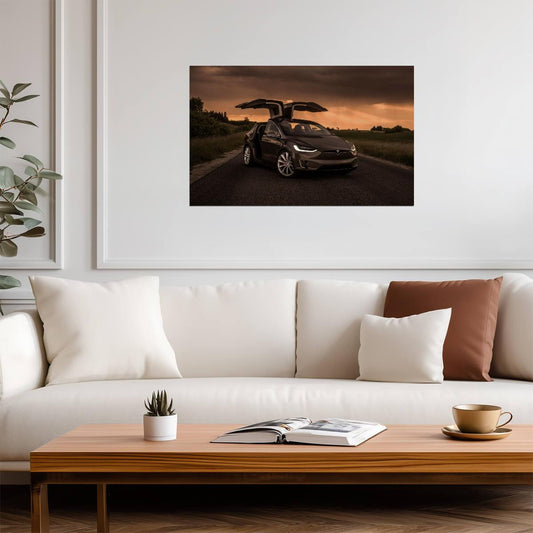 Tesla Model X with Falcon Wings | Electric SUV Poster | Luxury EV at Sunset - Cars Poster
