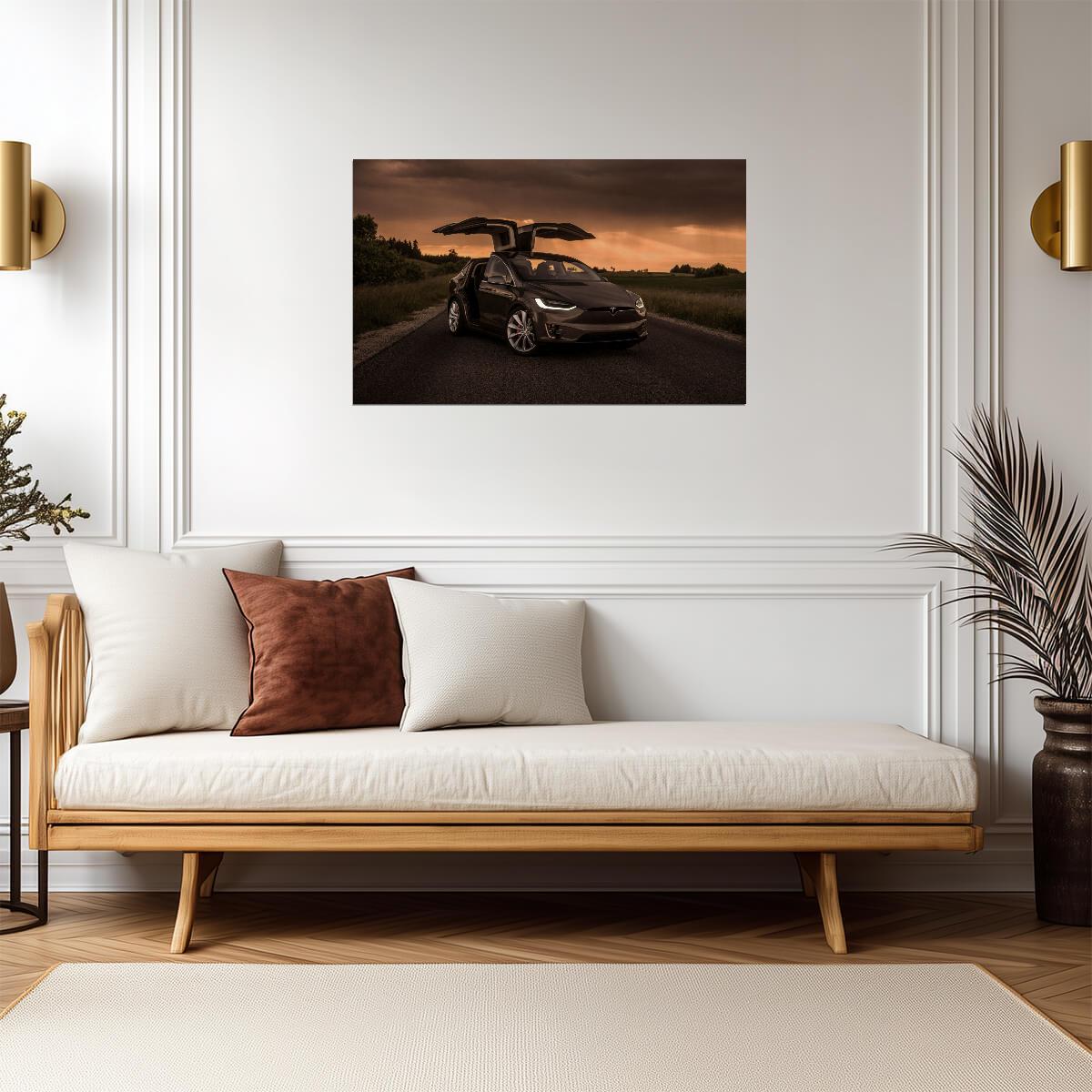 Tesla Model X with Falcon Wings | Electric SUV Poster | Luxury EV at Sunset - Cars Poster