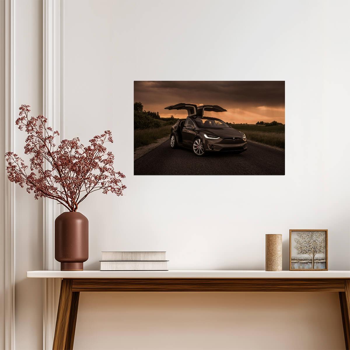 Tesla Model X with Falcon Wings | Electric SUV Poster | Luxury EV at Sunset - Cars Poster