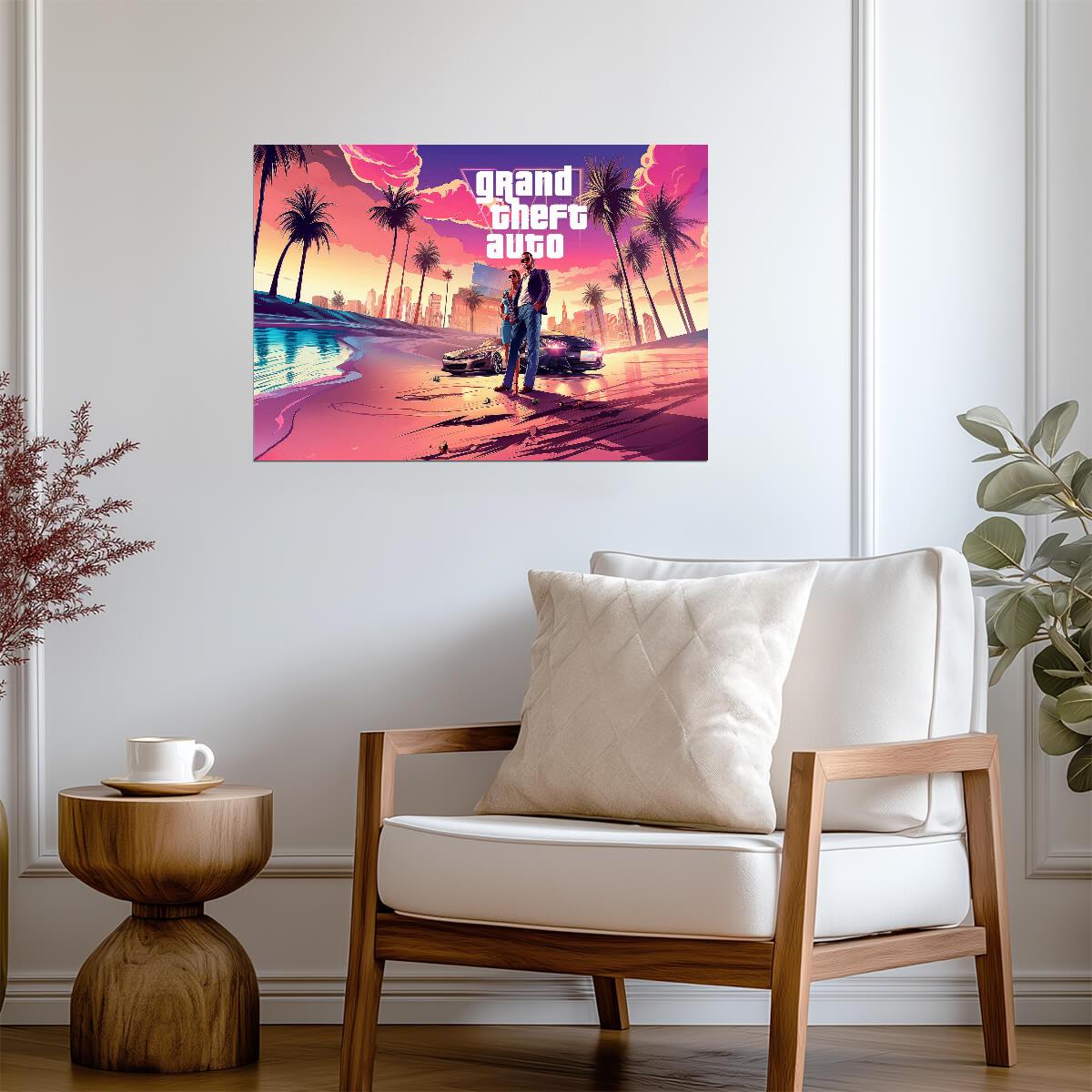 Grand Theft Auto VI Fan Art Beach Scene | Vice City Inspired Poster | AI Generated Gaming Decor - Video Games Poster