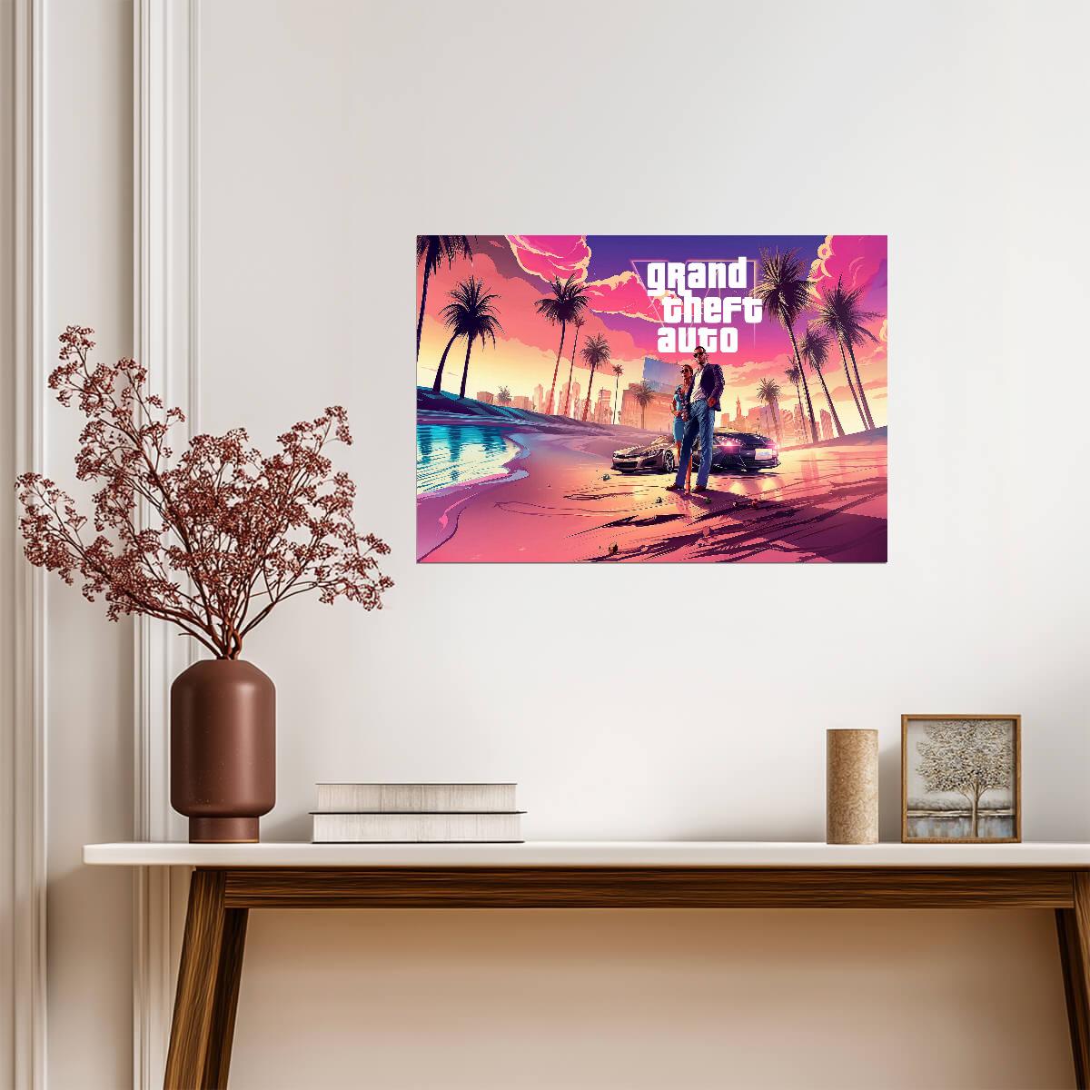 Grand Theft Auto VI Fan Art Beach Scene | Vice City Inspired Poster | AI Generated Gaming Decor - Video Games Poster
