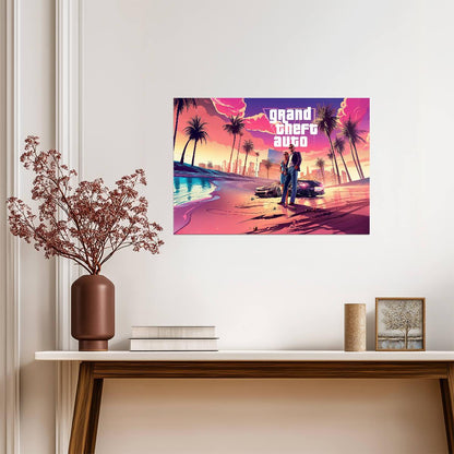 Grand Theft Auto VI Fan Art Beach Scene | Vice City Inspired Poster | AI Generated Gaming Decor - Video Games Poster