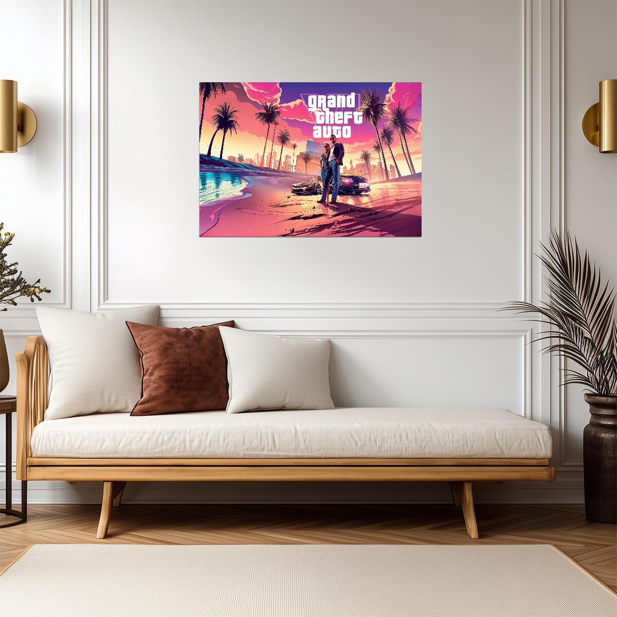 Grand Theft Auto VI Fan Art Beach Scene | Vice City Inspired Poster | AI Generated Gaming Decor - Video Games Poster
