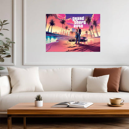 Grand Theft Auto VI Fan Art Beach Scene | Vice City Inspired Poster | AI Generated Gaming Decor - Video Games Poster