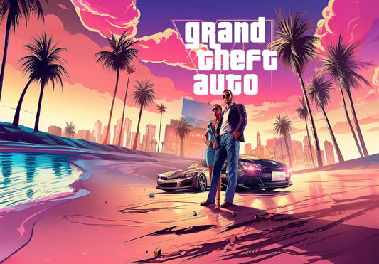 Grand Theft Auto VI Fan Art Beach Scene | Vice City Inspired Poster | AI Generated Gaming Decor - Video Games Poster