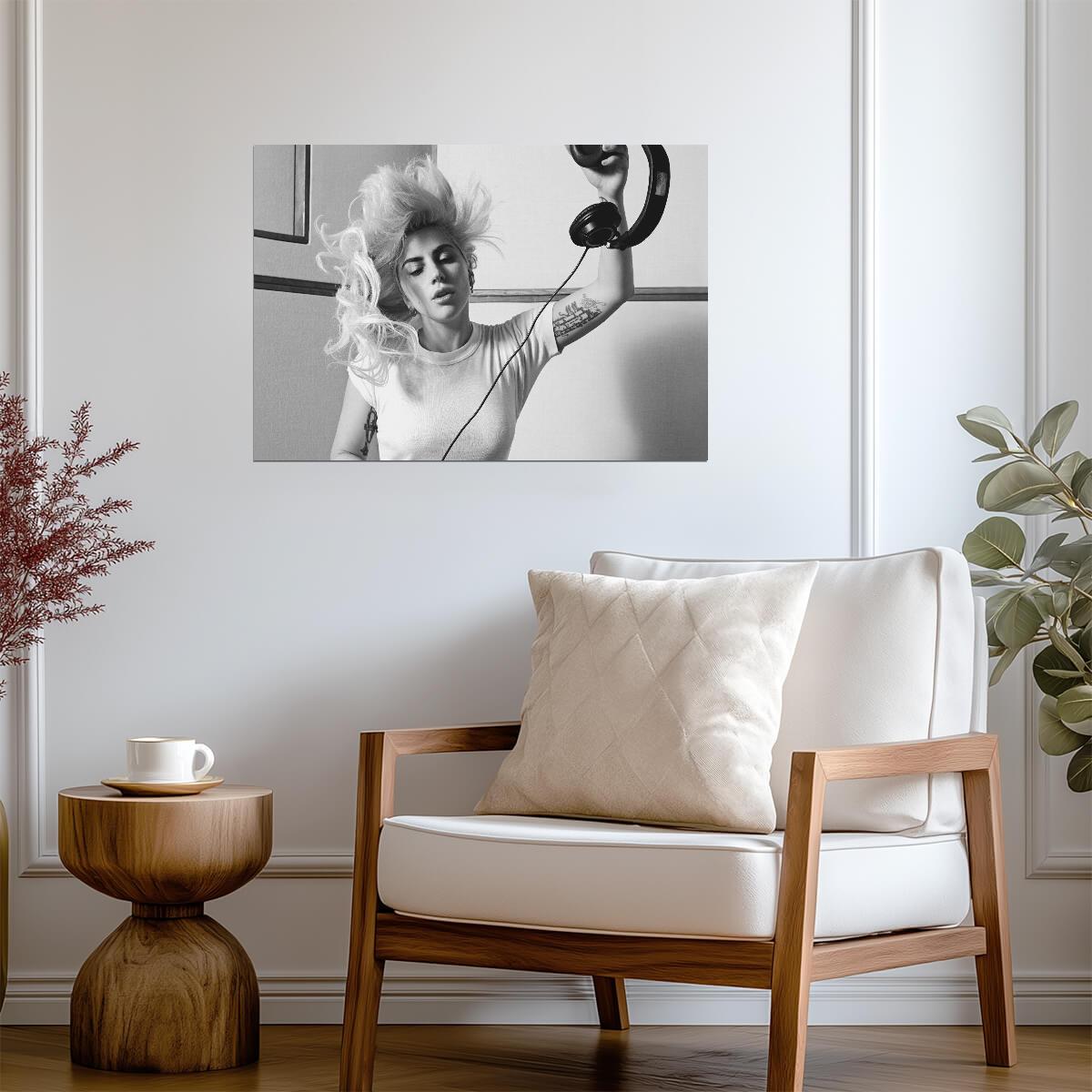 Lady Gaga Black and White Headphones | Abstract Portrait Poster | Music Star Wall Art - Music Poster