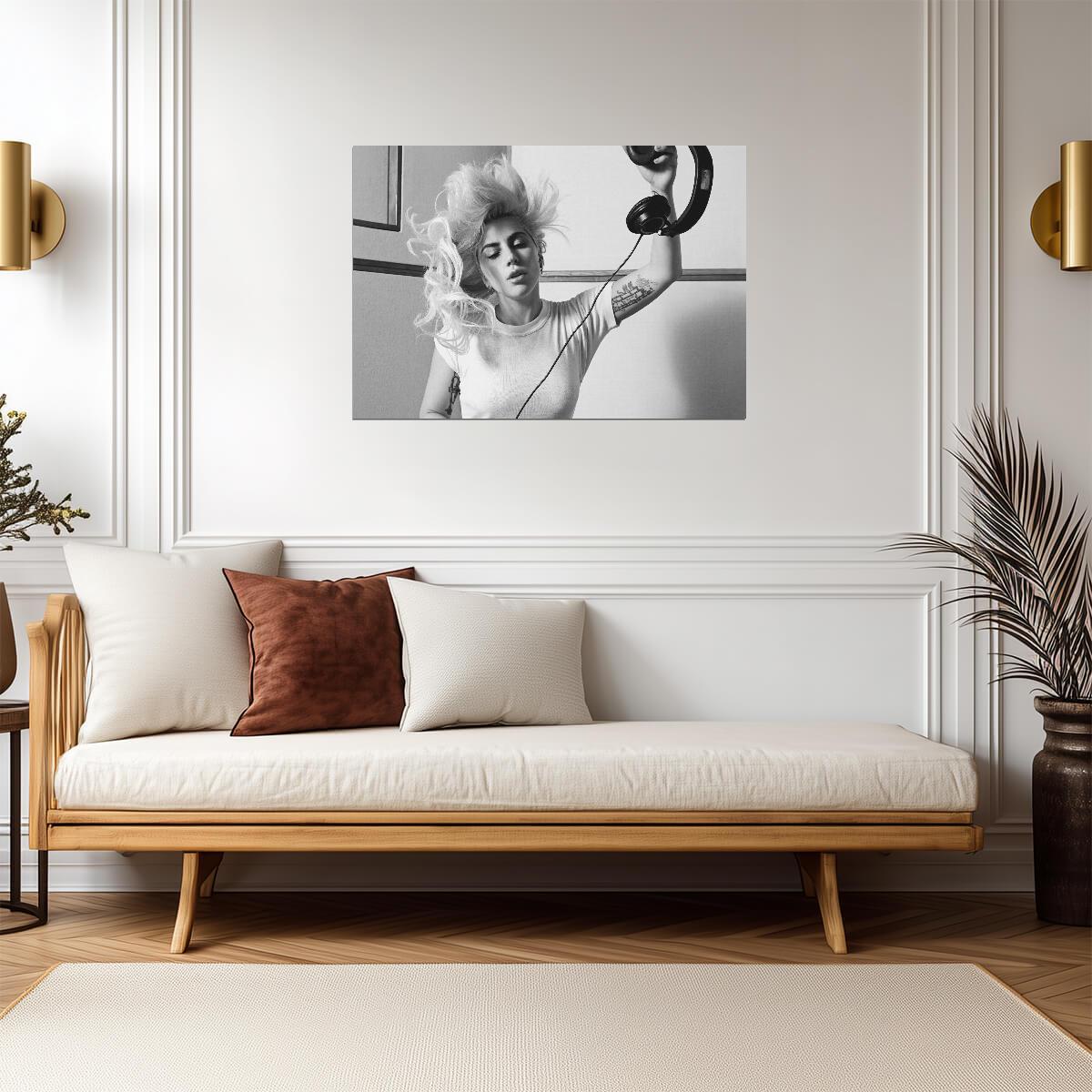 Lady Gaga Black and White Headphones | Abstract Portrait Poster | Music Star Wall Art - Music Poster