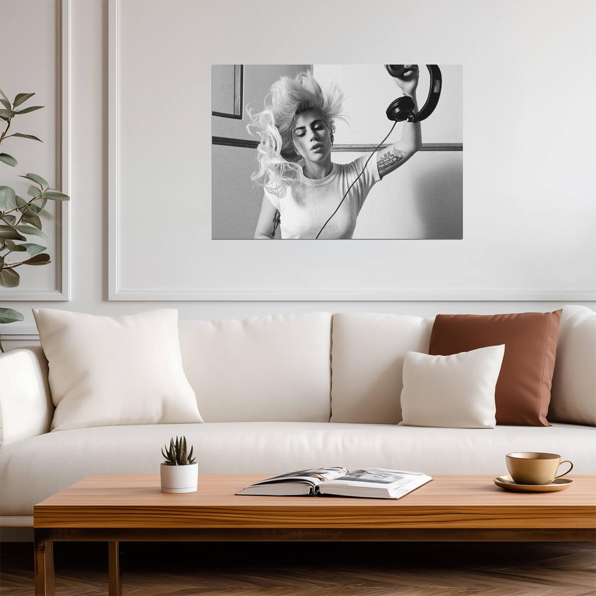 Lady Gaga Black and White Headphones | Abstract Portrait Poster | Music Star Wall Art - Music Poster