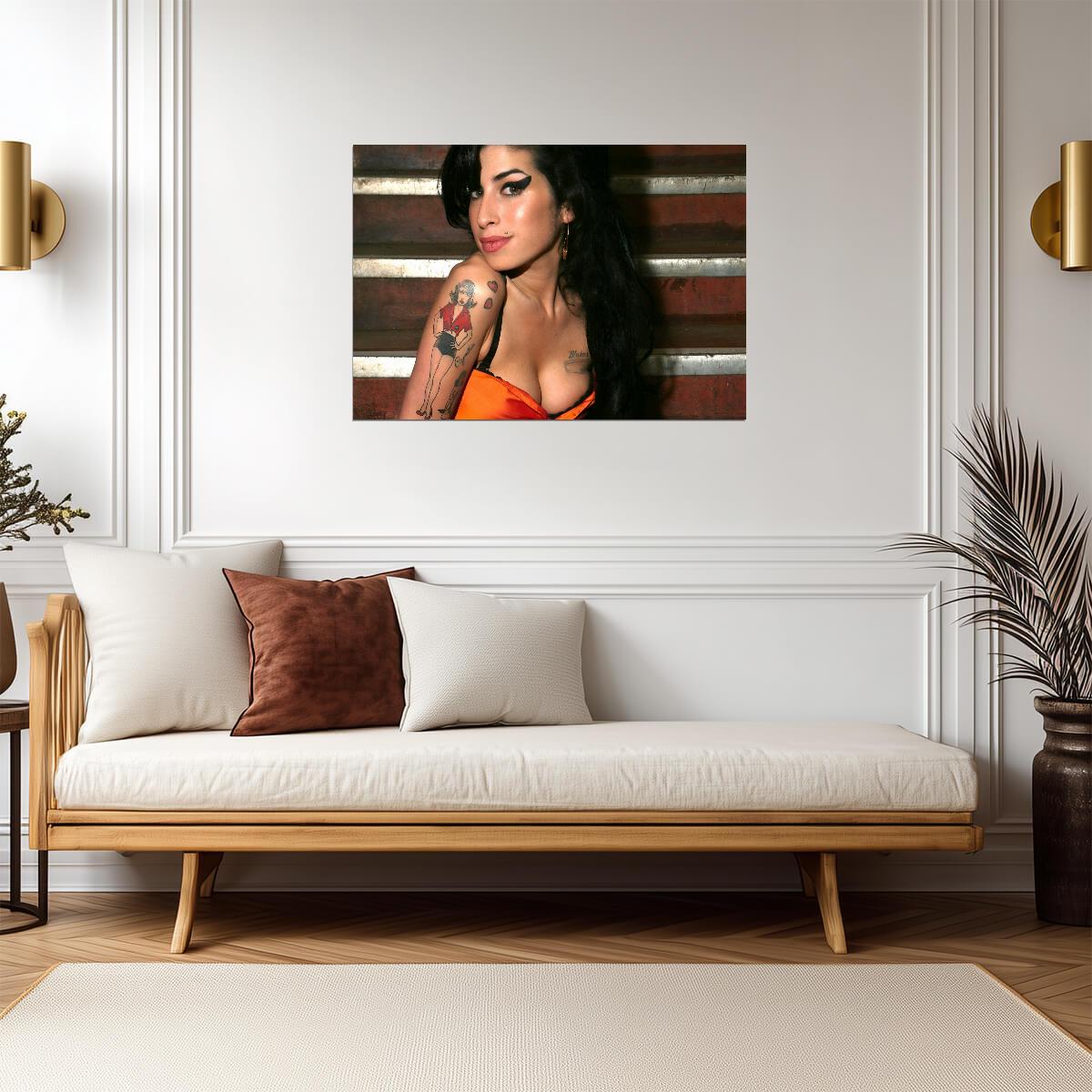 Amy Winehouse Close Up Portrait | Orange Top Poster | Vintage Music Legend Art - Music Poster