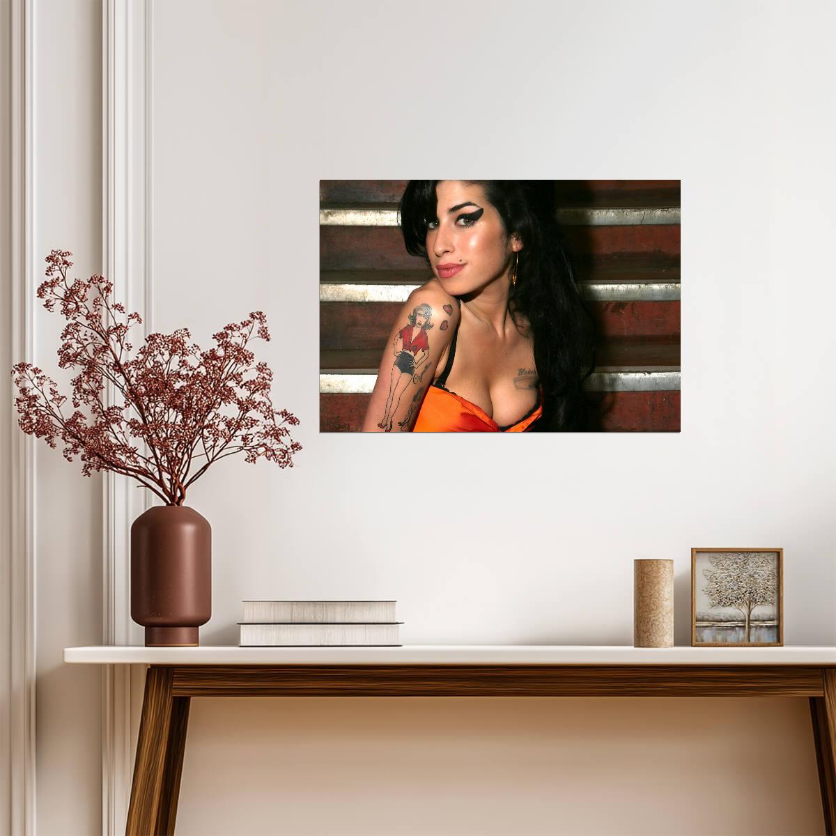 Amy Winehouse Close Up Portrait | Orange Top Poster | Vintage Music Legend Art - Music Poster