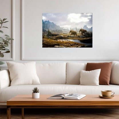 Skyrim Mammoths Roaming Tundra | Fantasy Wildlife Poster | Elder Scrolls Game Scenery - Video Games Poster