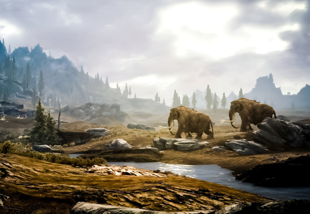 Skyrim Mammoths Roaming Tundra | Fantasy Wildlife Poster | Elder Scrolls Game Scenery - Video Games Poster