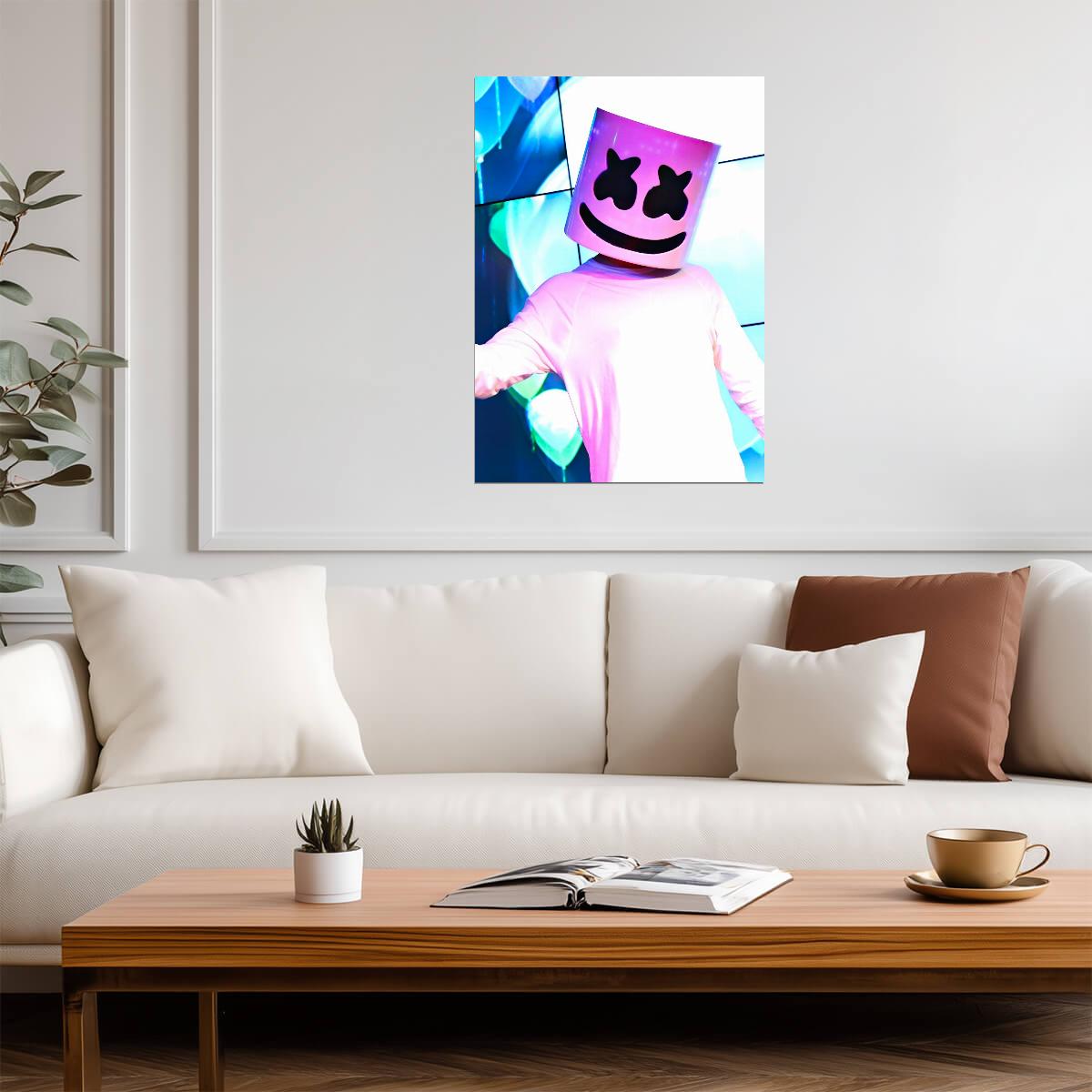 Marshmello DJ Helmet | Neon Lighting Photo | EDM Music Poster - Music Poster