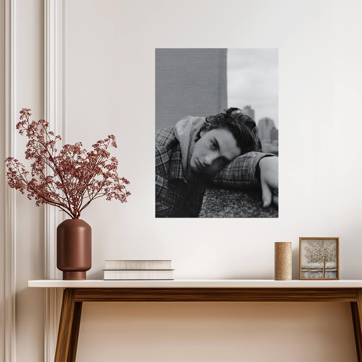 Timothée Chalamet Plaid Shirt | Moody Black and White Portrait | Actor Fan Art Poster - Celebrities Poster