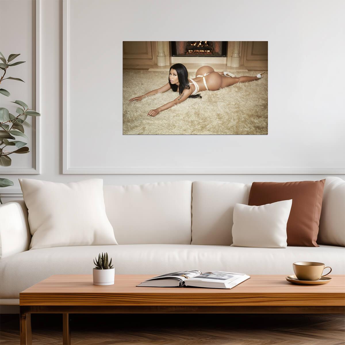 Nicki Minaj White Lingerie on Rug | Photoshoot Poster | Sexy Celebrity Wall Art - Music Poster
