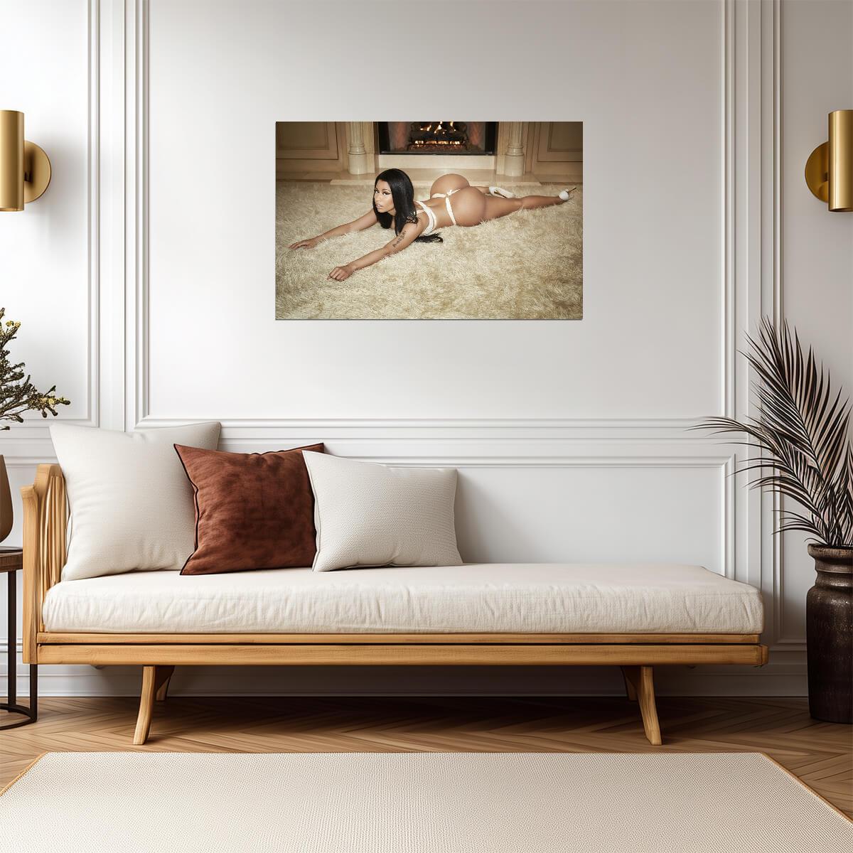 Nicki Minaj White Lingerie on Rug | Photoshoot Poster | Sexy Celebrity Wall Art - Music Poster