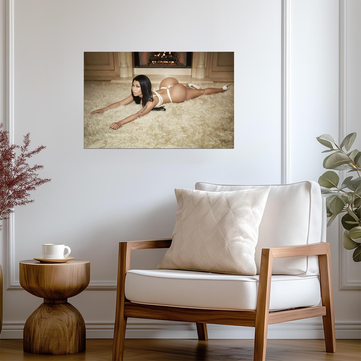 Nicki Minaj White Lingerie on Rug | Photoshoot Poster | Sexy Celebrity Wall Art - Music Poster
