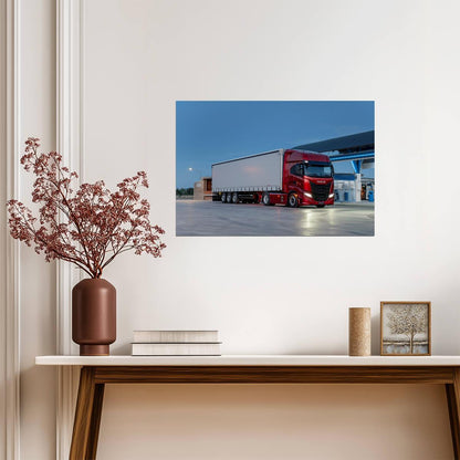 Iveco S-Way | Red Semi Truck Poster | Logistics Vehicle at Night Station - Cars Poster