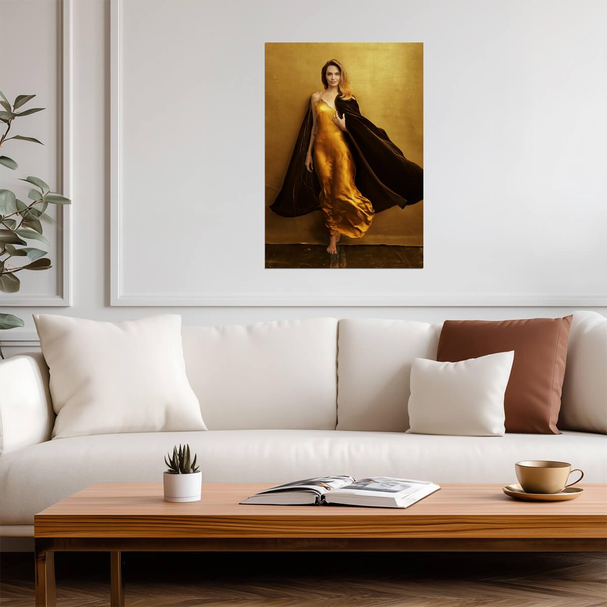 Angelina Jolie Golden Gown Photoshoot | Hollywood Actress Poster | Modern Glamour Art - Celebrities Poster