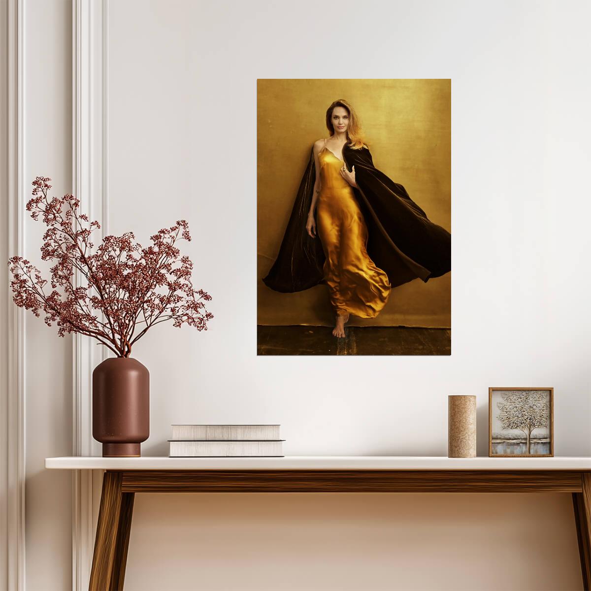 Angelina Jolie Golden Gown Photoshoot | Hollywood Actress Poster | Modern Glamour Art - Celebrities Poster