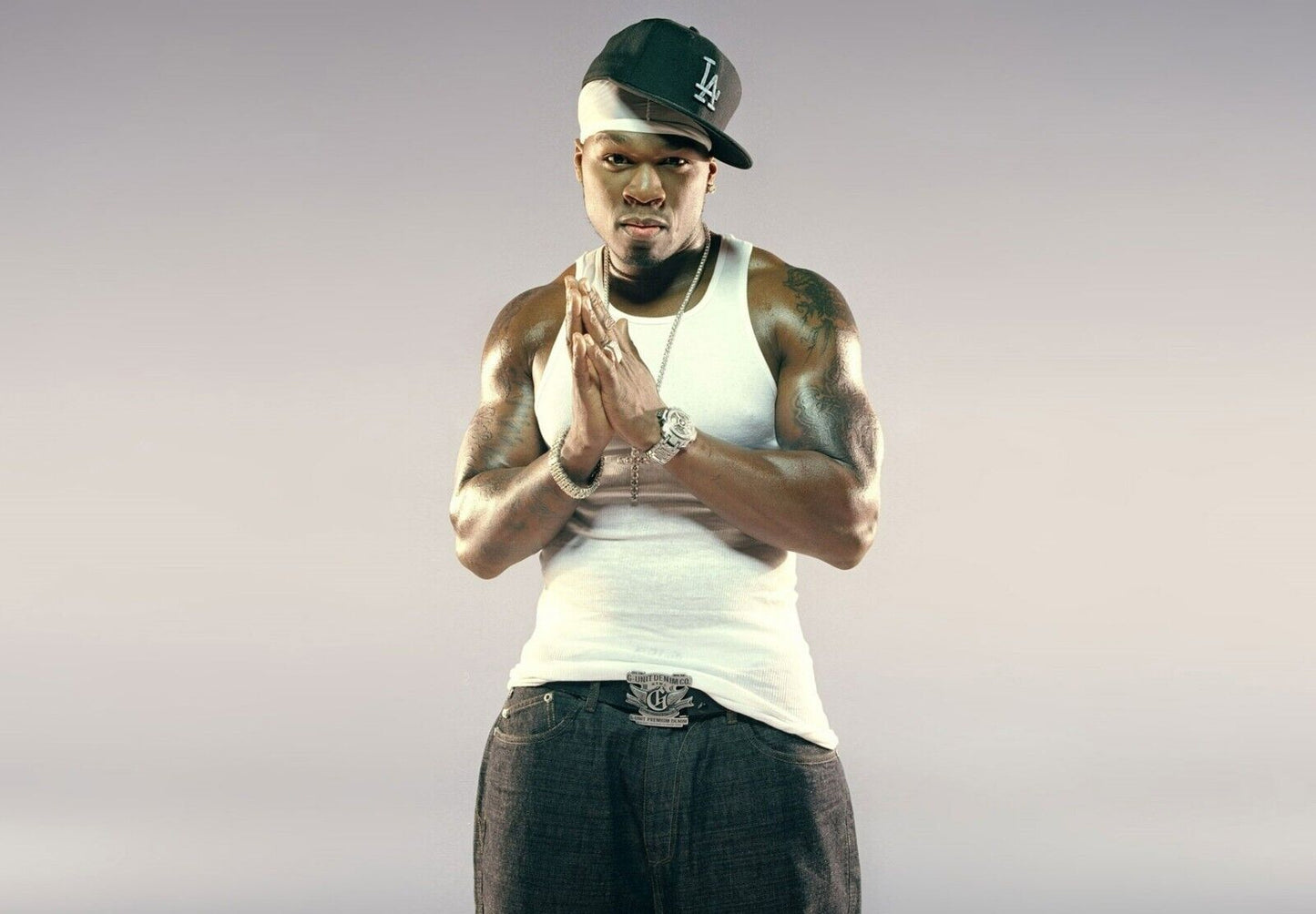 50 Cent White Tank Top | LA Cap Photoshoot Poster | Hip Hop Legend Wall Art - Music Poster