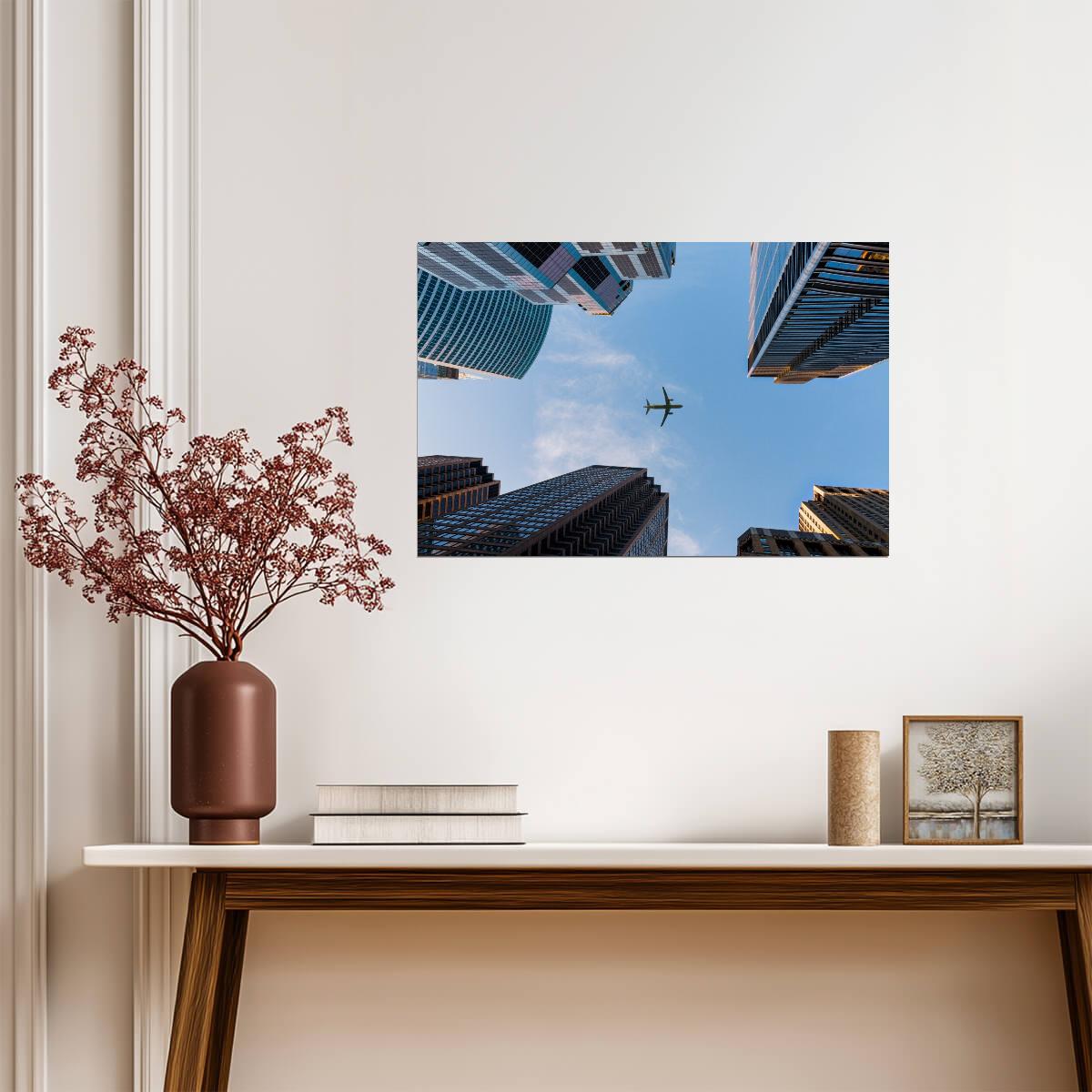 Airplane Flying Between Skyscrapers | Urban Perspective Poster | Cityscape Aviation Wall Art - Cars Poster