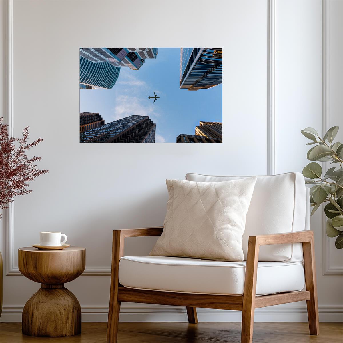 Airplane Flying Between Skyscrapers | Urban Perspective Poster | Cityscape Aviation Wall Art - Cars Poster
