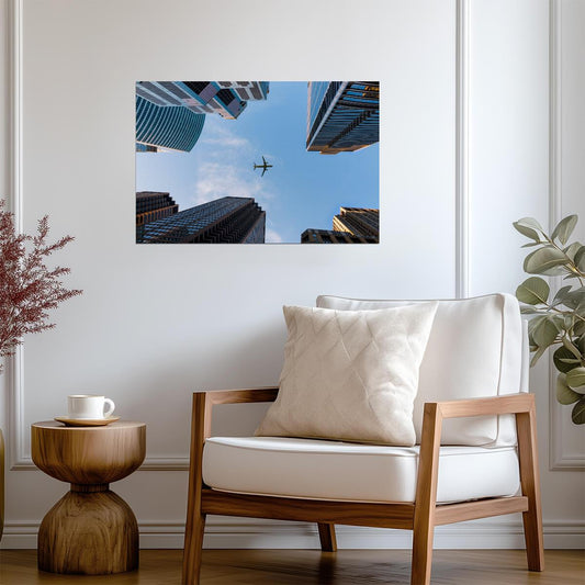 Airplane Flying Between Skyscrapers | Urban Perspective Poster | Cityscape Aviation Wall Art - Cars Poster