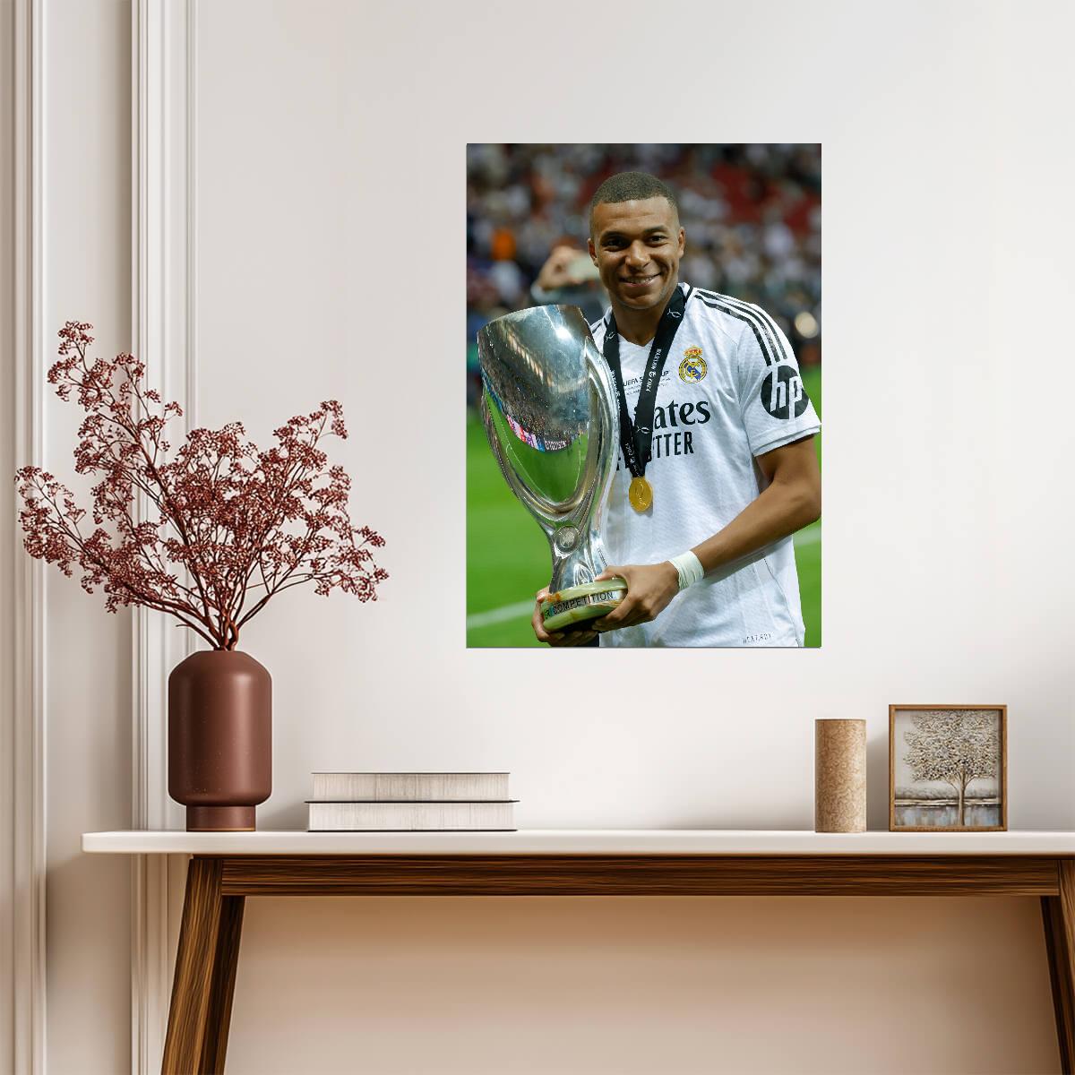Kylian Mbappé Real Madrid 2024 UEFA Super Cup Victory | Soccer Poster | Trophy Celebration Print - Sports Poster
