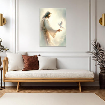 Jesus Christ with White Dove | Religious Painting Poster | Christian Faith Wall Art - Graphic & Art Poster