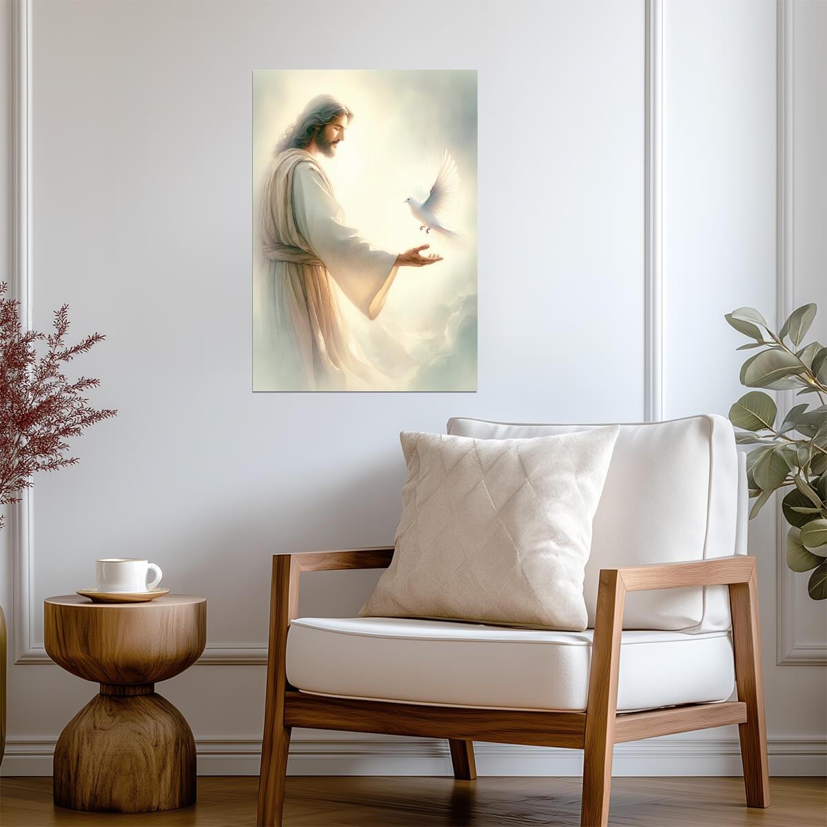 Jesus Christ with White Dove | Religious Painting Poster | Christian Faith Wall Art - Graphic & Art Poster