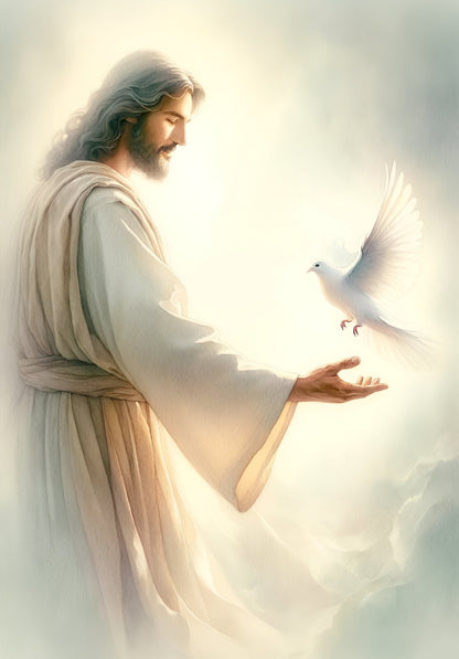 Jesus Christ with White Dove | Religious Painting Poster | Christian Faith Wall Art - Graphic & Art Poster