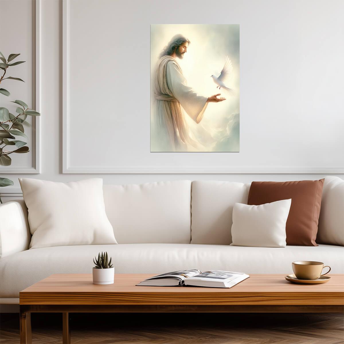 Jesus Christ with White Dove | Religious Painting Poster | Christian Faith Wall Art - Graphic & Art Poster
