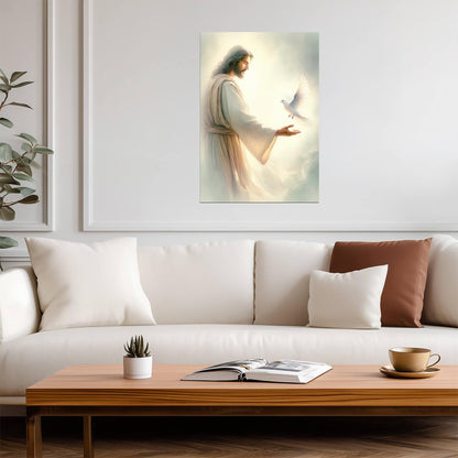 Jesus Christ with White Dove | Religious Painting Poster | Christian Faith Wall Art - Graphic & Art Poster