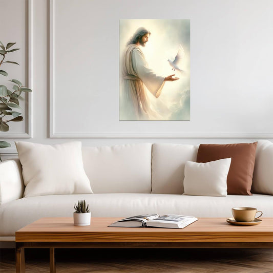 Jesus Christ with White Dove | Religious Painting Poster | Christian Faith Wall Art - Graphic & Art Poster