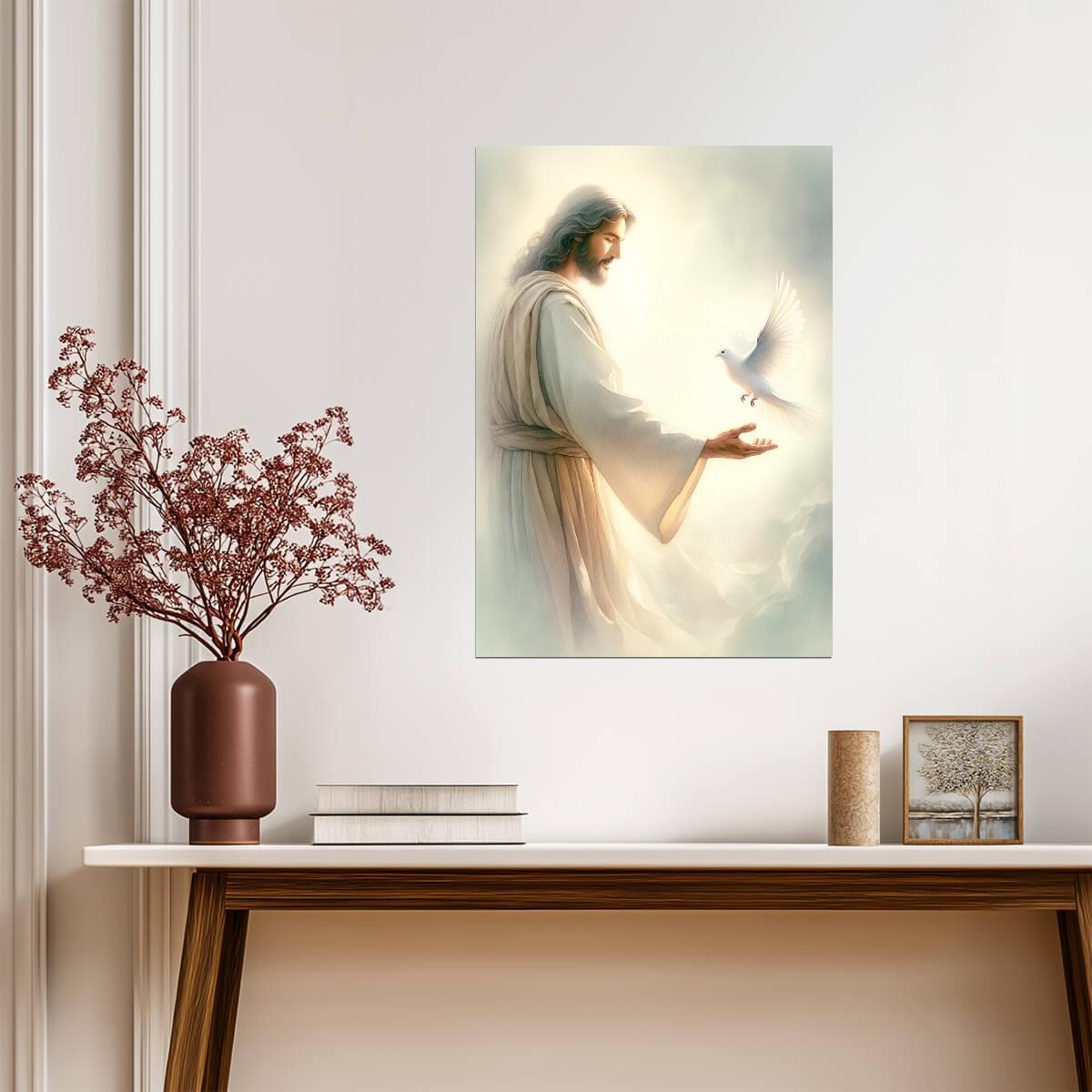 Jesus Christ with White Dove | Religious Painting Poster | Christian Faith Wall Art - Graphic & Art Poster